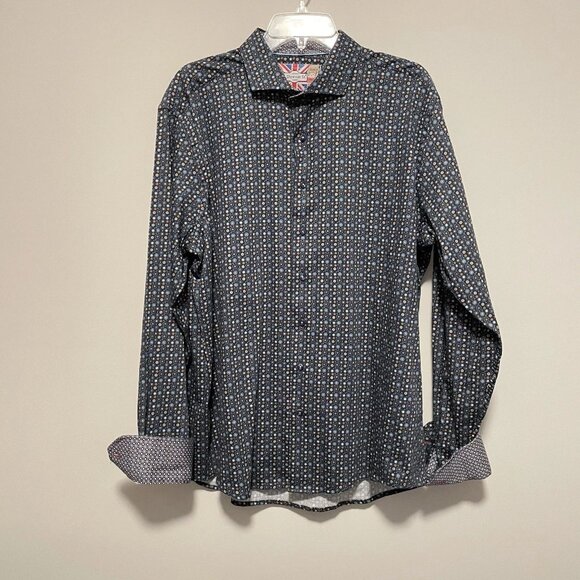 7 Downie Street $228 Dress Shirt Size XL (Size 6 UK) Blue Geometric Button Up - Picture 2 of 6